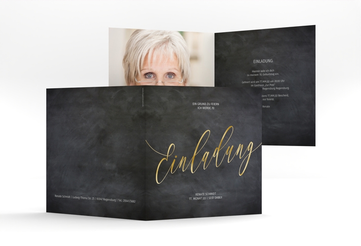 Einladung 70. Geburtstag Board quadr. Klappkarte schwarz gold