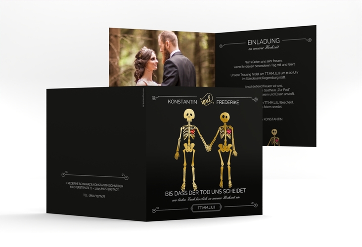 Hochzeitseinladung Bones quadr. Klappkarte schwarz gold