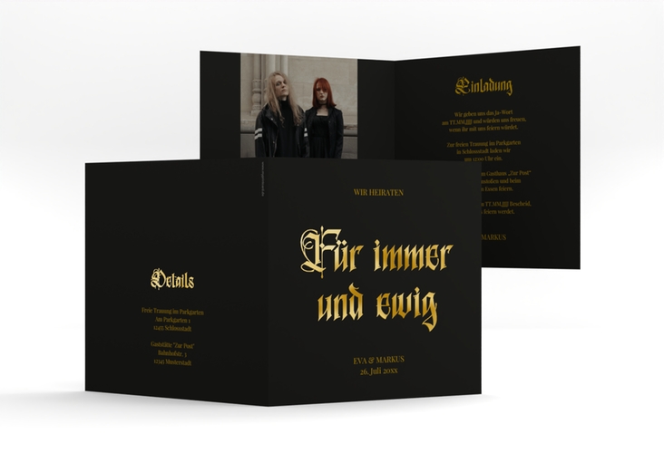 Hochzeitseinladung Wednesday quadr. Klappkarte schwarz gold