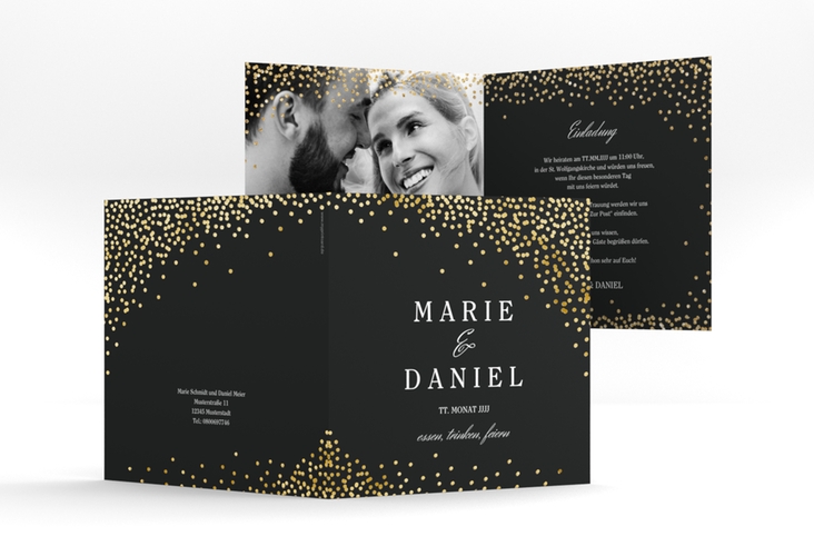 Hochzeitseinladung "Glitter" quadratische Klappkarte schwarz gold
