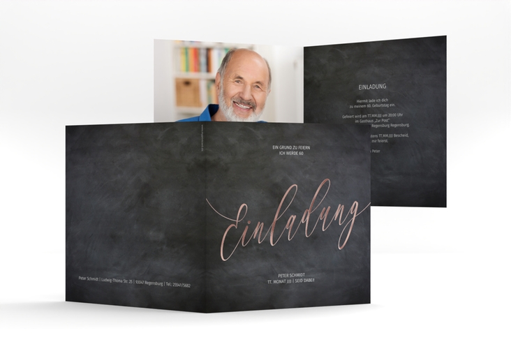 Einladung 60. Geburtstag Board quadr. Klappkarte schwarz rosegold