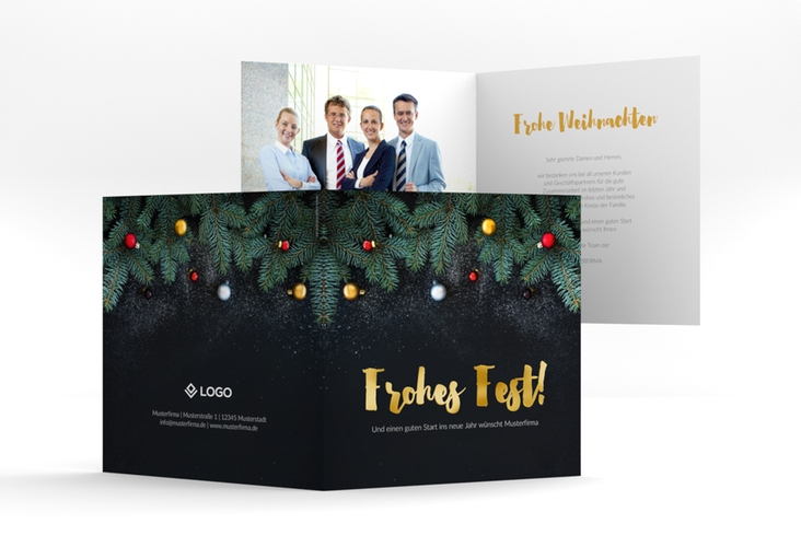 Geschäftliche Weihnachtskarte Weihnachtlich quadr. Klappkarte schwarz gold mit goldener Schrift und Weihnachtsdekor