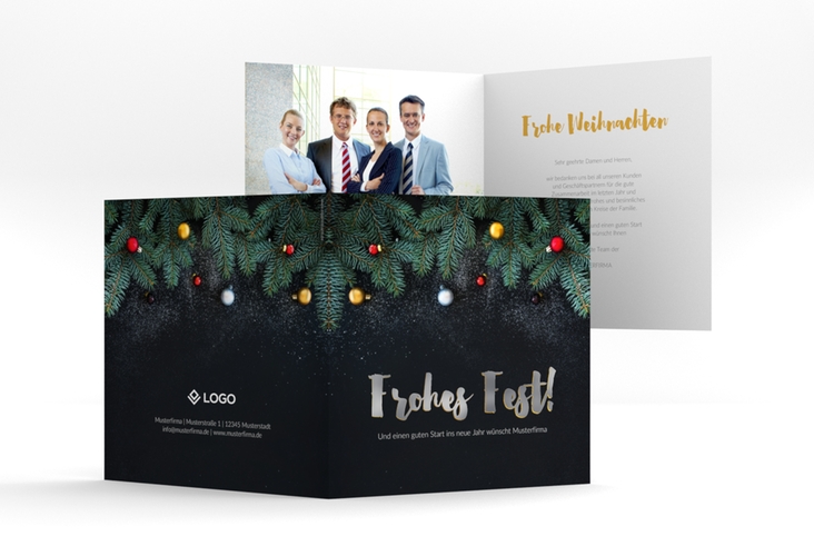 Geschäftliche Weihnachtskarte Weihnachtlich quadr. Klappkarte schwarz silber mit goldener Schrift und Weihnachtsdekor