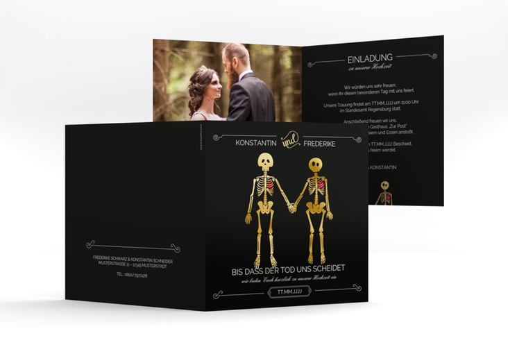 Hochzeitseinladung "Bones" quadratische Klappkarte schwarz gold