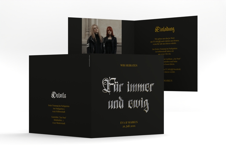 Hochzeitseinladung Gothic quadr. Klappkarte schwarz silber