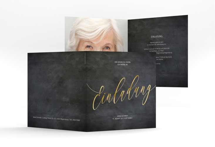 Einladung 80. Geburtstag Board quadr. Klappkarte schwarz gold