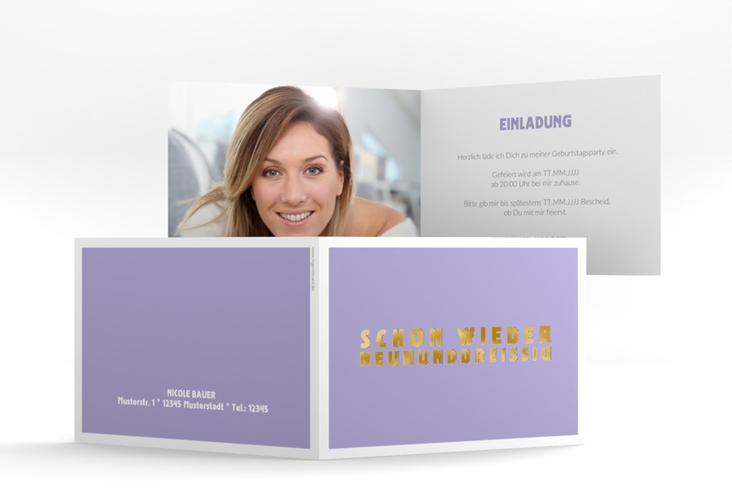 Einladung 40. Geburtstag Gag A6 Klappkarte quer flieder gold