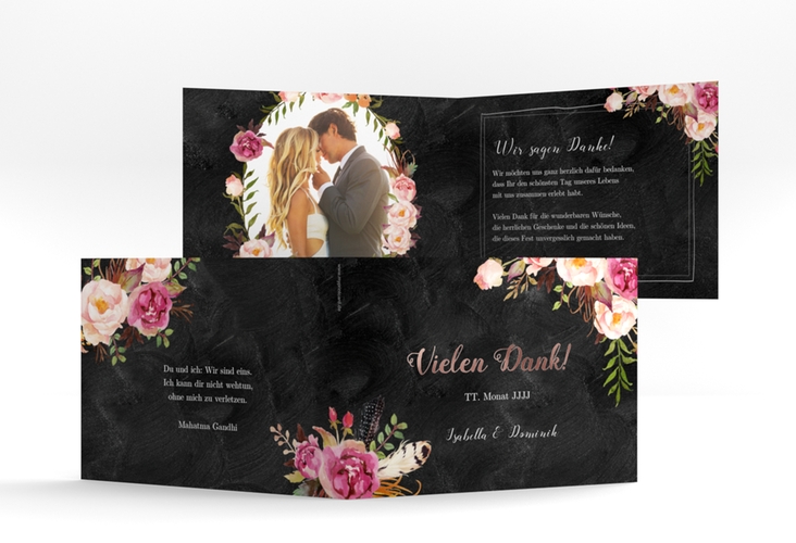 Danksagungskarte Hochzeit Flowers A6 Klappkarte quer schwarz rosegold mit bunten Aquarell-Blumen