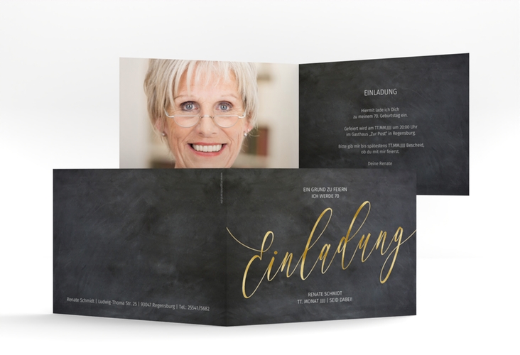 Einladung 70. Geburtstag Board A6 Klappkarte quer schwarz gold