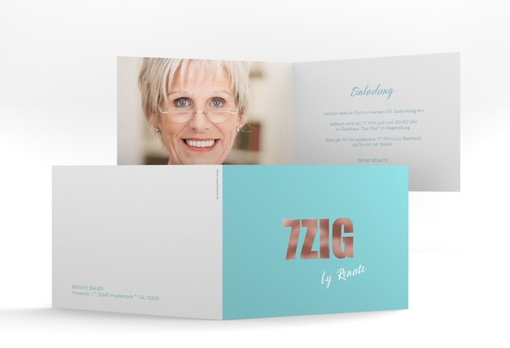 Einladung 70. Geburtstag Zig A6 Klappkarte quer tuerkis rosegold