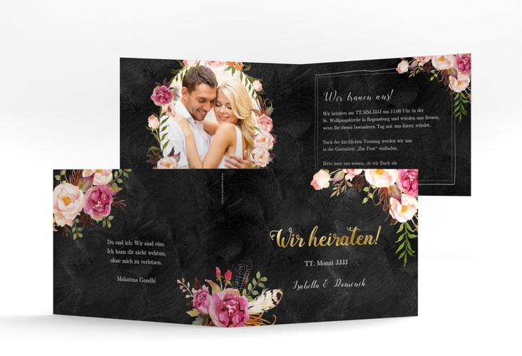 Hochzeitseinladung Flowers A6 Klappkarte quer schwarz gold mit bunten Aquarell-Blumen