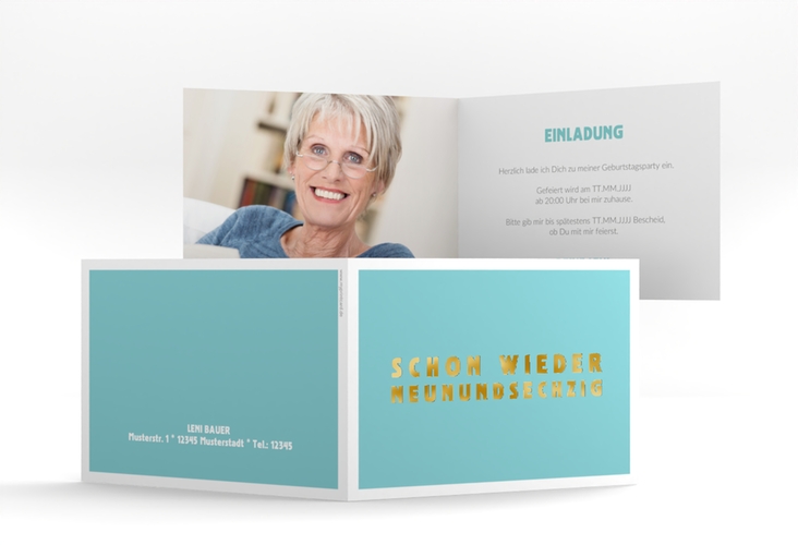 Einladung 70. Geburtstag Gag A6 Klappkarte quer tuerkis gold