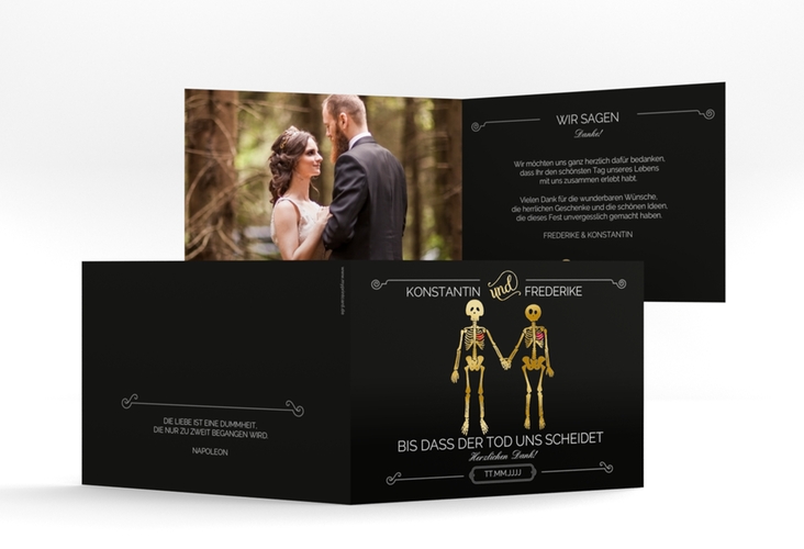 Danksagungskarte Hochzeit "Bones" DIN A6 Klappkarte quer schwarz gold