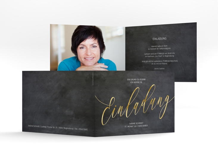 Einladung 50. Geburtstag Board A6 Klappkarte quer schwarz gold