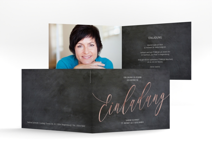 Einladung 50. Geburtstag Board A6 Klappkarte quer schwarz rosegold