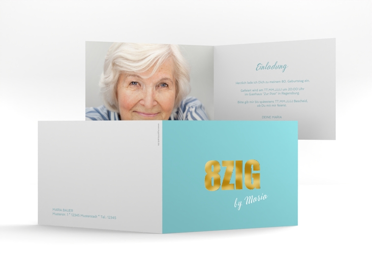 Einladung 80. Geburtstag Zig A6 Klappkarte quer tuerkis gold