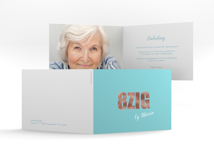Einladung 80. Geburtstag Zig A6 Klappkarte quer tuerkis rosegold