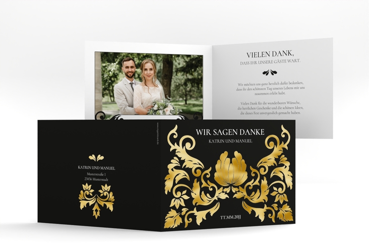 Danksagungskarte Hochzeit Royal A6 Klappkarte quer schwarz gold mit barockem Blumen-Ornament