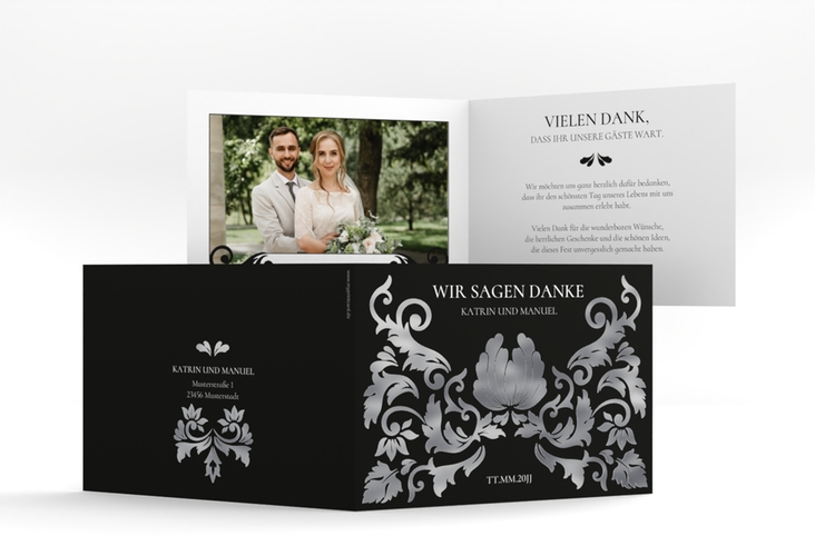 Danksagungskarte Hochzeit Royal A6 Klappkarte quer schwarz silber mit barockem Blumen-Ornament