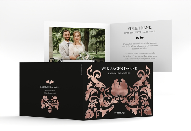 Danksagungskarte Hochzeit Royal A6 Klappkarte quer schwarz rosegold mit barockem Blumen-Ornament