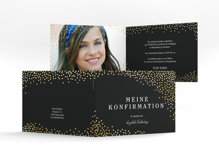 Einladung Konfirmation Glossy A6 Klappkarte quer schwarz gold