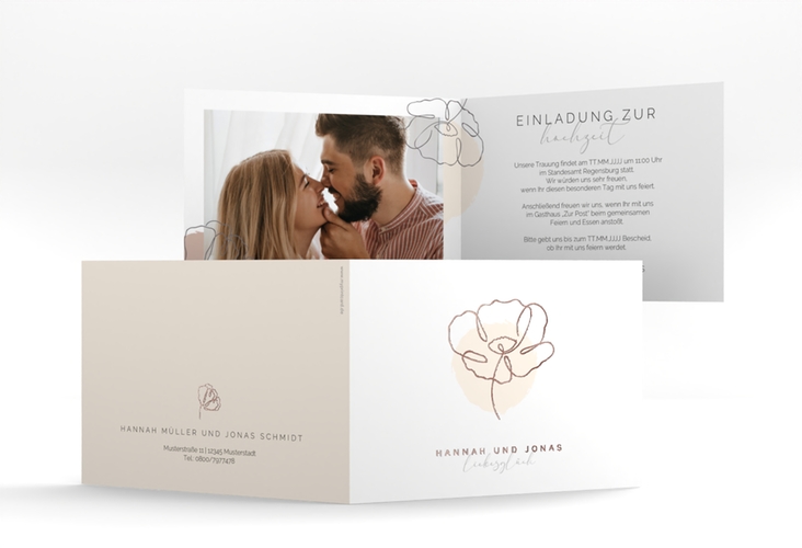Hochzeitseinladung Flowerline A6 Klappkarte quer apricot rosegold