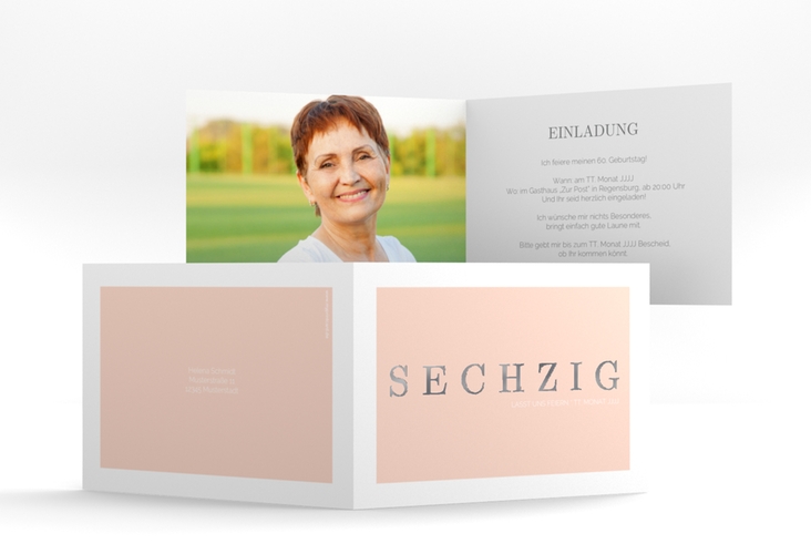 Einladung 60. Geburtstag Schlicht A6 Klappkarte quer apricot silber
