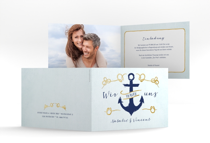 Hochzeitseinladung Anker A6 Klappkarte quer tuerkis gold