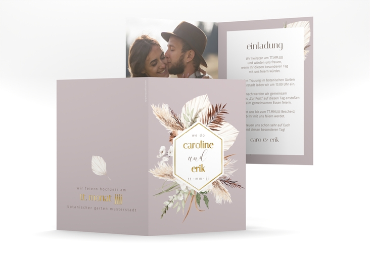 Einladungskarte Hochzeit Bohemian A6 Klappkarte hoch flieder gold mit Gräsern und Trockenblumen für Boho-Hochzeit