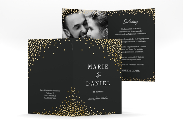 Einladungskarte Hochzeit Glitter A6 Klappkarte hoch schwarz gold