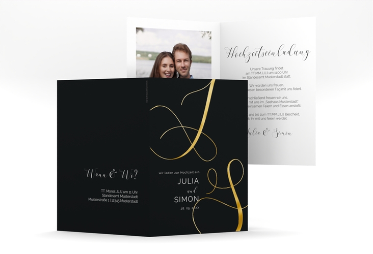 Hochzeitseinladung Eheschließung A6 Klappkarte hoch schwarz gold mit Gräsern und Trockenblumen für Boho-Hochzeit