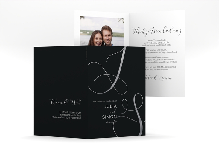 Hochzeitseinladung Eheschließung A6 Klappkarte hoch schwarz silber mit Gräsern und Trockenblumen für Boho-Hochzeit