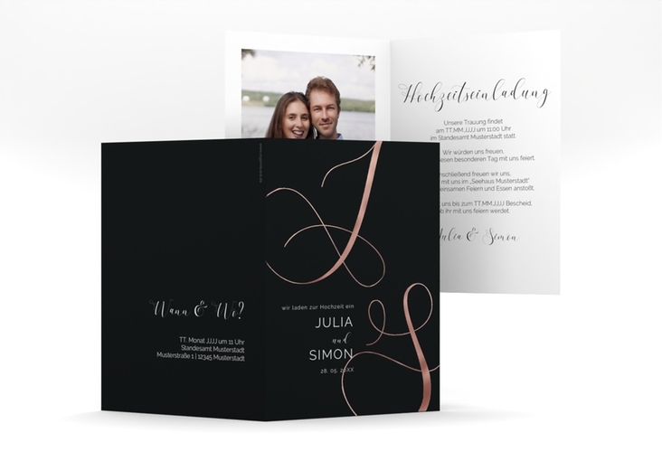 Hochzeitseinladung Eheschließung A6 Klappkarte hoch schwarz rosegold mit Gräsern und Trockenblumen für Boho-Hochzeit