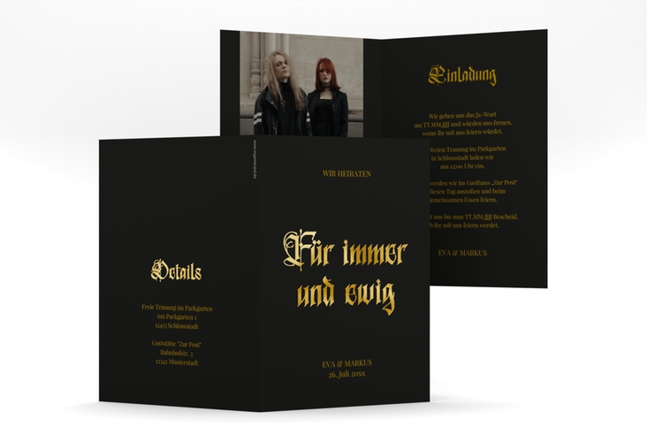 Einladungskarte Hochzeit Gothic A6 Klappkarte hoch schwarz gold