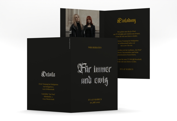 Einladungskarte Hochzeit Gothic A6 Klappkarte hoch schwarz silber