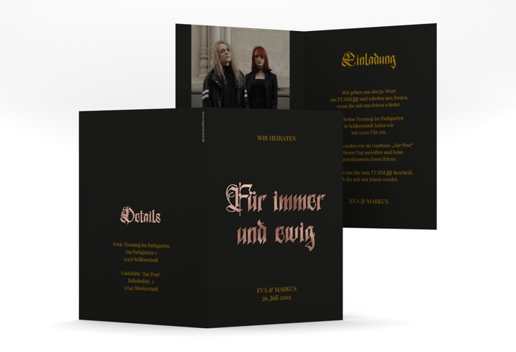 Einladungskarte Hochzeit Gothic A6 Klappkarte hoch schwarz rosegold