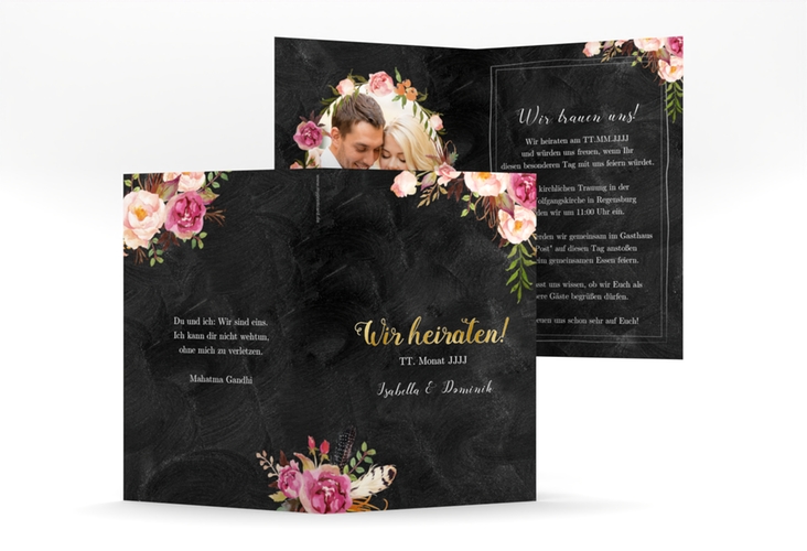 Einladungskarte Hochzeit Flowers A6 Klappkarte hoch schwarz gold mit bunten Aquarell-Blumen