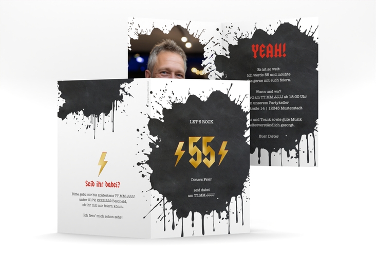 Einladung Geburtstag Rockig A6 Klappkarte hoch schwarz gold