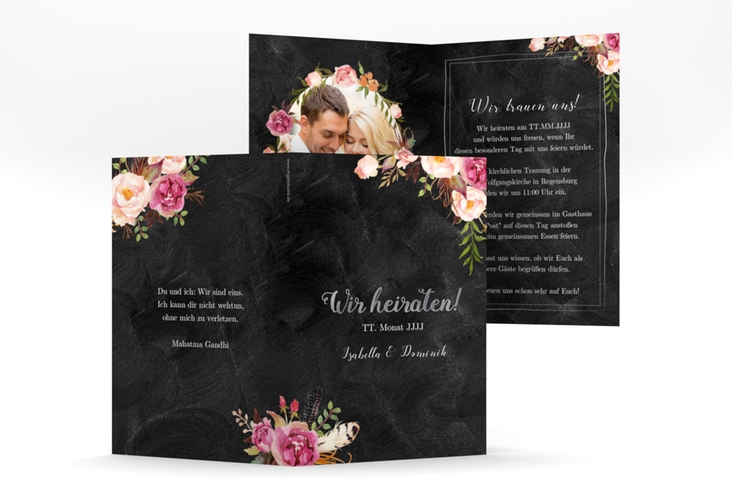 Einladungskarte Hochzeit Flowers A6 Klappkarte hoch schwarz silber mit bunten Aquarell-Blumen