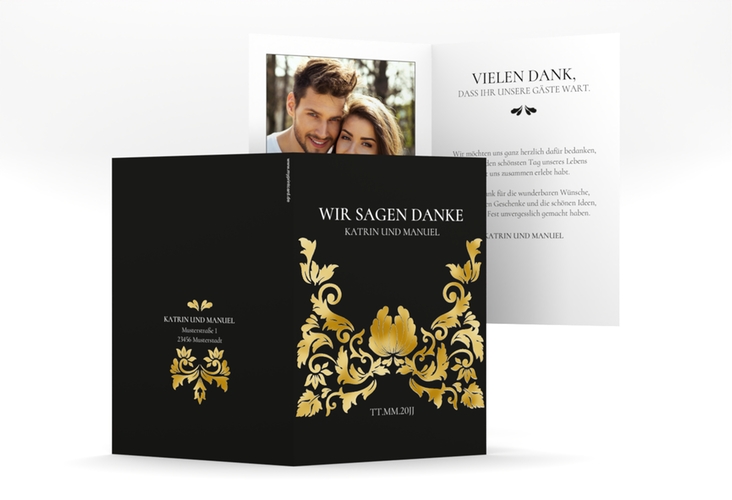 Danksagungskarte Hochzeit Royal A6 Klappkarte hoch schwarz gold mit barockem Blumen-Ornament