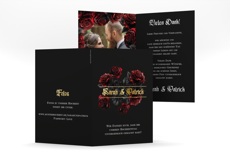 Danksagungskarte Hochzeit Gothic Rose A6 Klappkarte hoch schwarz gold mit Gräsern und Trockenblumen für Boho-Hochzeit