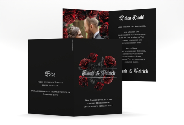 Danksagungskarte Hochzeit Gothic Rose A6 Klappkarte hoch schwarz silber mit Gräsern und Trockenblumen für Boho-Hochzeit