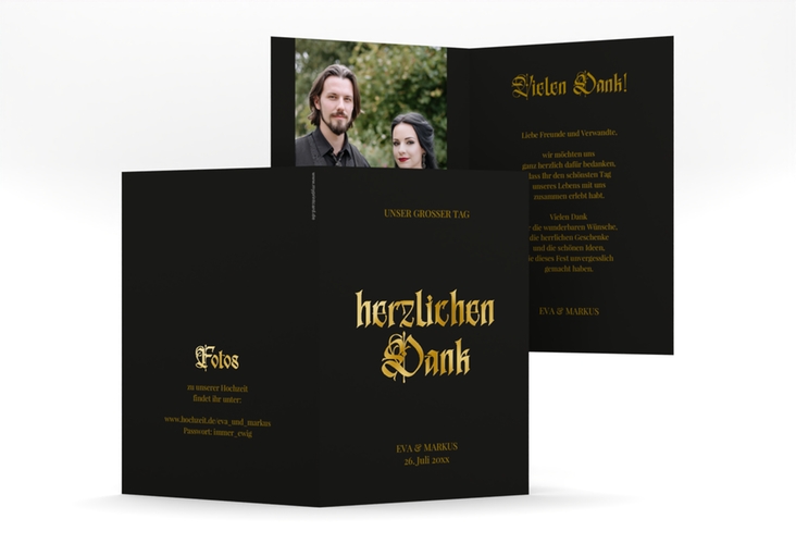 Danksagungskarte Hochzeit Wednesday A6 Klappkarte hoch schwarz gold mit Gräsern und Trockenblumen für Boho-Hochzeit