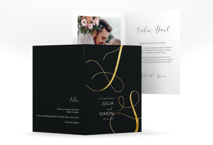 Danksagungskarte Hochzeit Eheschließung A6 Klappkarte hoch schwarz gold mit Gräsern und Trockenblumen für Boho-Hochzeit