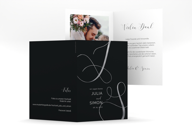 Danksagungskarte Hochzeit Eheschließung A6 Klappkarte hoch schwarz silber mit Gräsern und Trockenblumen für Boho-Hochzeit