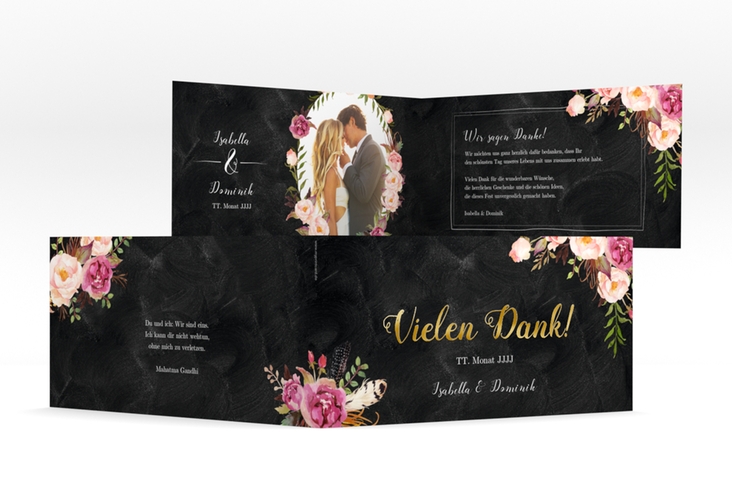 Danksagungskarte Hochzeit Flowers lange Klappkarte quer schwarz gold mit bunten Aquarell-Blumen