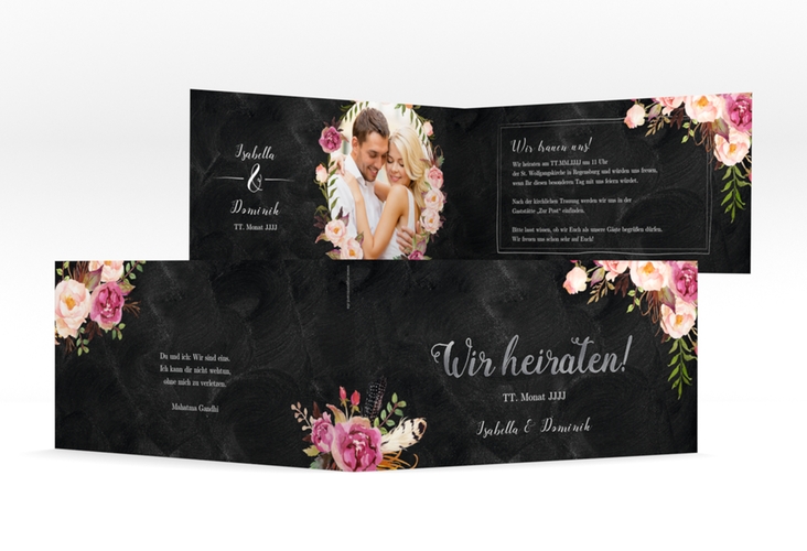 Hochzeitseinladung Flowers lange Klappkarte quer schwarz silber mit bunten Aquarell-Blumen