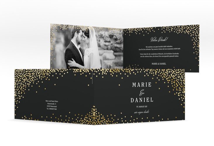 Danksagung Hochzeit Glitter lange Klappkarte quer schwarz gold