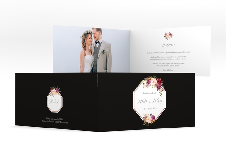 Danksagung Hochzeit Prachtvoll lange Klappkarte quer schwarz rosegold
