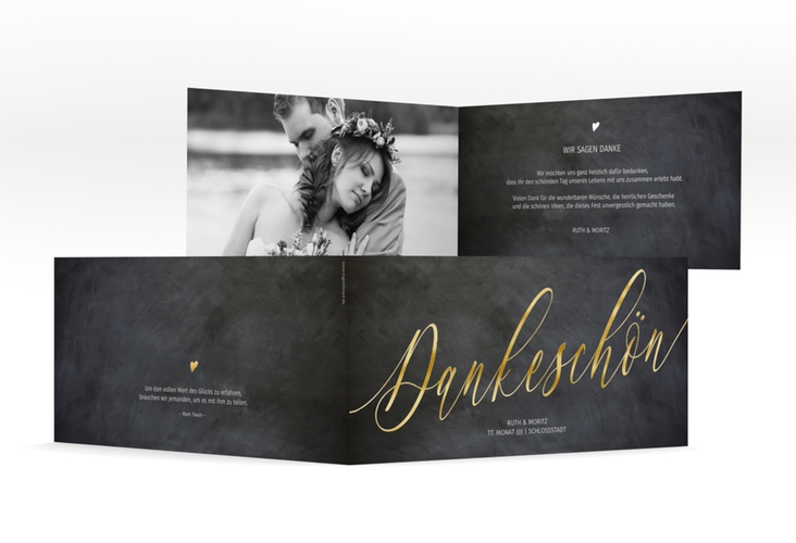 Danksagungskarte Hochzeit Chalkboard lange Klappkarte quer schwarz gold mit Folienveredelung